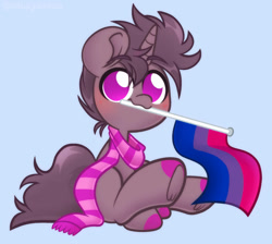 Size: 945x846 | Tagged: safe, artist:ninnydraws, derpibooru import, oc, oc only, oc:2tense, pony, unicorn, bisexual pride flag, blue background, blushing, chibi, clothes, hoof polish, pride, pride flag, scarf, signature, simple background, sitting, solo, striped scarf