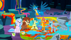 Size: 1600x898 | Tagged: safe, derpibooru import, screencap, gallus, ocellus, sandbar, silverstream, smolder, yona, changedling, changeling, classical hippogriff, dragon, earth pony, griffon, hippogriff, pony, yak, uprooted, bow, cloven hooves, colored hooves, dragoness, female, hair bow, hand on hip, jewelry, male, monkey swings, mouth hold, necklace, paint, sapling, student six