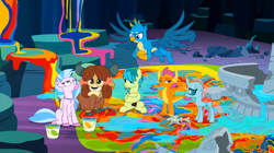 Size: 1600x898 | Tagged: safe, derpibooru import, screencap, gallus, ocellus, sandbar, silverstream, smolder, yona, changedling, changeling, classical hippogriff, dragon, earth pony, griffon, hippogriff, pony, yak, uprooted, bow, cloven hooves, colored hooves, crossed arms, dragoness, female, frown, hair bow, hand on hip, looking up, male, monkey swings, mouth hold, sapling, student six