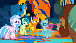 Size: 1600x900 | Tagged: safe, derpibooru import, screencap, gallus, ocellus, sandbar, silverstream, smolder, yona, changedling, changeling, classical hippogriff, dragon, earth pony, griffon, hippogriff, pony, yak, uprooted, bow, colored hooves, crossed arms, dragoness, female, hair bow, jewelry, male, monkey swings, necklace, paint, sapling, student six