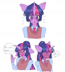 Size: 1700x1900 | Tagged: safe, artist:exxi00, derpibooru import, twilight sparkle, anthro, blushing, cardigan, clothes, ears, embarrassed, floppy ears, necktie, ponytail, school uniform, simple background, solo, white background