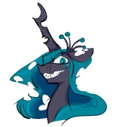 Size: 522x562 | Tagged: safe, artist:nitaru, derpibooru import, queen chrysalis, changeling, changeling queen, crown, evil grin, female, grin, horn, jewelry, looking at you, regalia, smiling, solo