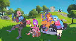 Size: 7172x3891 | Tagged: safe, artist:doodlegamertj, derpibooru import, oc, oc:doodlegamertj, oc:mable syrup, oc:musicallie, anthro, bird, human, pigeon, equestria girls, avian, beef boss, blue hair, brown eyes, candy, chest, clothes, costume, darth vader, deaf, durr burger, dwayne johnson, food, fortnite, grass, gray eyes, griddy, hair tie, iris, lightsaber, long hair, purple hair, raised eyebrow, sky, smug, spaceship, star wars, stormtrooper, teaching, the foundation, the rock, tree, truck, weapon, zoey