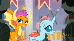 Size: 1600x898 | Tagged: safe, derpibooru import, screencap, ocellus, smolder, changedling, changeling, dragon, a matter of principals, dragoness, duo, female, looking at you, raised eyebrow, smolder is not amused, unamused