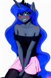 Size: 450x676 | Tagged: safe, derpibooru import, generator:purplesmart.ai, generator:stable diffusion, machine learning generated, princess luna, anthro, blushing, breasts, cleavage, clothes, cute, horn, kneeling, looking at you, off shoulder, princess, simple background, skirt, smiling, smiling at you, solo, stockings, thigh highs, white background