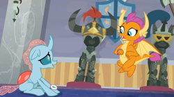 Size: 1600x897 | Tagged: safe, derpibooru import, screencap, ocellus, smolder, changedling, changeling, dragon, a matter of principals, dragoness, duo, female, helm of yickslur, helmet, raised eyebrow