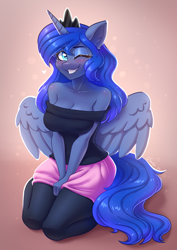 Size: 2480x3508 | Tagged: safe, artist:dandy, derpibooru import, princess luna, anthro, adorasexy, arm boob squeeze, bare shoulders, big breasts, blushing, breasts, cleavage, clothes, cute, ear fluff, ears, eyelashes, eyeshadow, female, floating heart, heart, heart eyes, high res, horn, kneeling, leggings, looking at you, lunabetes, makeup, mare, off shoulder, one eye closed, princess balloona, redraw, sexy, skirt, smiling, smiling at you, solo, stockings, strapless, thigh highs, thighs, tube top, wingding eyes, wings, wink, winking at you