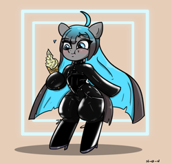 Size: 1153x1097 | Tagged: safe, artist:n-o-n, derpibooru import, oc, oc:tundra, oc:tundra sparkle, earth pony, bipedal, female, harness, ice cream cone, latex, latex suit, long hair, rubber, solo, solo female, tack