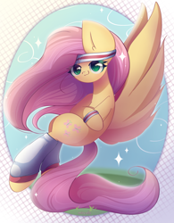 Size: 1950x2500 | Tagged: safe, artist:miryelis, derpibooru import, fluttershy, pegasus, pony, hurricane fluttershy, cute, cutie mark, female, flying, full body, long hair, looking at you, simple background, smiling, smiling at you, solo, sparkles, sporty style, wings