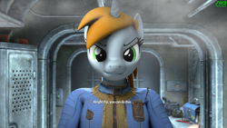 Size: 3840x2160 | Tagged: safe, artist:nologo, derpibooru import, part of a set, oc, oc only, oc:littlepip, anthro, art pack:fun n games 2022, fallout equestria, series:modded character creation, 3d, anthro oc, clothes, dialogue, doorway, fallout, high res, jumpsuit, lockers, looking at you, source filmmaker, stable-tec, steam, subtitles, toolbox, vault suit, video game