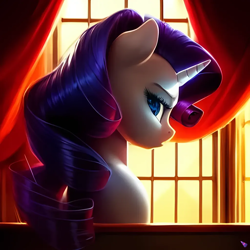 Size: 1024x1024 | Tagged: safe, derpibooru import, generator:purplesmart.ai, generator:stable diffusion, machine learning generated, rarity, pony, unicorn, backlighting, bust, curtains, female, looking at you, looking back, looking back at you, mare, solo, window