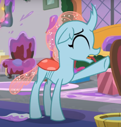 Size: 665x697 | Tagged: safe, derpibooru import, screencap, ocellus, changedling, changeling, the hearth's warming club, cropped, eyes closed, female, open mouth, raised hoof, raised leg, solo