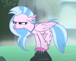 Size: 782x628 | Tagged: safe, derpibooru import, screencap, silverstream, classical hippogriff, hippogriff, what lies beneath, behaving like a bird, cropped, female, jewelry, necklace, silverstream is not amused, solo, unamused