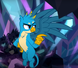 Size: 873x760 | Tagged: safe, derpibooru import, screencap, gallus, griffon, what lies beneath, cropped, gallus is not amused, hand on hip, male, pointing, solo, spread wings, unamused, wings