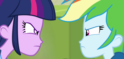 Size: 1152x550 | Tagged: safe, derpibooru import, rainbow dash, twilight sparkle, twilight sparkle (alicorn), alicorn, equestria girls, equestria girls (movie), equestria girls series, a queen of clubs, angry, duel, narrowed eyes, twilight sparkle is not amused, unamused