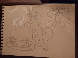 Size: 4160x3120 | Tagged: safe, artist:tai kai, derpibooru import, oc, oc only, oc:whimsy, pony, unicorn, cauldron, female, glowing, glowing horn, hat, high res, horn, love potion, magic, magic aura, pencil drawing, rear view, solo, traditional art, unicorn oc, witch hat