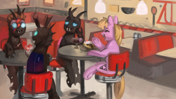 Size: 3840x2160 | Tagged: safe, artist:toisanemoif, derpibooru import, oc, oc only, oc:ace shot, oc:coxa, oc:maxilla, oc:mimesis, changeling, pony, banana split, blonde, blonde mane, blue changeling, chair, changeling oc, cherry, chocolate, cutie mark, david bowie, detailed background, diner, fangs, food, group photo, ice cream, makeup, malt shop, pink changeling, pink coat, red changeling, smiling, table, talking to each other, wallpaper, wig