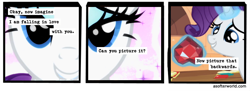 Size: 720x261 | Tagged: safe, edit, edited screencap, screencap, rarity, unicorn, secret of my excess, a softer world, bronybait, comic, female, fire ruby, lidded eyes, looking at you, magic, mare, screencap comic, smiling, smiling at you, solo, telekinesis