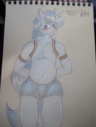 Size: 3120x4160 | Tagged: safe, artist:tai kai, derpibooru import, oc, oc only, anthro, unicorn, anthro oc, arm behind back, belly button, blushing, clothes, gay pride flag, high res, horn, nudity, partial nudity, pride, pride flag, shorts, simple background, straps, topless, traditional art, unicorn oc, white background