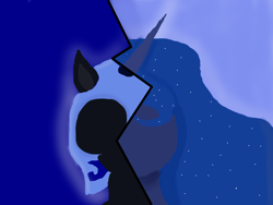 Size: 1024x768 | Tagged: safe, artist:houndy, derpibooru import, princess luna, edgy, lineless, newbie artist training grounds, nightmare night, split screen, two sides