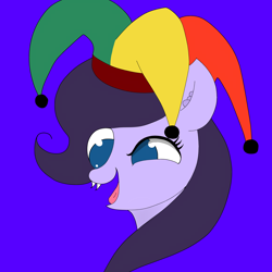 Size: 3000x3000 | Tagged: safe, artist:houndy, derpibooru import, oc, oc only, oc:jester, bat pony, blue background, hat, insanity, jester hat, looking at you, simple background, smiling, smiling at you, solo