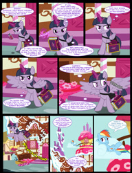 Size: 1042x1358 | Tagged: safe, artist:dendoctor, derpibooru import, mean twilight sparkle, rainbow dash, twilight sparkle, twilight sparkle (alicorn), alicorn, pegasus, pony, comic:clone.., g4, alternate universe, book, clone, comic, female, friendship journal, glowing, glowing horn, horn, magic, mare, ponyville, sugarcube corner, telekinesis