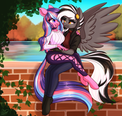 Size: 3800x3600 | Tagged: safe, artist:mxiiisy, derpibooru import, oc, oc only, oc:serenity pond, oc:zephyrai, anthro, earth pony, pegasus, unguligrade anthro, accessory, autumn, black and white mane, breasts, brick wall, choker, clothes, complex background, duo, duo female, eyeshadow, female, golden eyes, grin, hair tie, hairpin, hand on arm, hand on hip, hand on shoulder, hoof fluff, jacket, lake, leaves, long hair, looking at each other, looking at someone, makeup, multicolored hair, multicolored tail, purple eyes, sitting, sitting on lap, smiling, spread wings, sweatshirt, tail, vine, water, watermark, wings