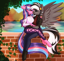 Size: 3800x3600 | Tagged: safe, artist:mxiiisy, derpibooru import, oc, oc only, oc:serenity pond, oc:zephyrai, anthro, earth pony, pegasus, unguligrade anthro, accessory, autumn, black and white mane, breasts, brick wall, choker, clothes, complex background, duo, duo female, eyes closed, eyeshadow, female, hair tie, hairpin, hand on arm, hand on hip, hand on shoulder, hoof fluff, jacket, kissing, lake, leaves, long hair, makeup, multicolored hair, multicolored tail, sitting, sitting on lap, spread wings, sweatshirt, tail, vine, water, watermark, wings