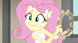 Size: 1280x716 | Tagged: safe, derpibooru import, screencap, fluttershy, equestria girls, rainbow rocks, bare shoulders, clothes, musical instrument, sleeveless, tambourine, tanktop