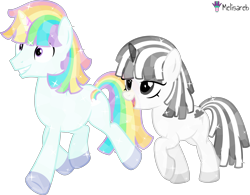 Size: 6419x5000 | Tagged: safe, alternate version, artist:melisareb, derpibooru import, crystal pony, pony, unicorn, .svg available, absurd resolution, crossover, duo, emo, eyeshadow, female, kleptocorns, lidded eyes, makeup, male, mare, not gay, open mouth, raised hoof, raised leg, shade (kleptocorns), simple background, smiling, spectrum (kleptocorns), stallion, transparent background, vector