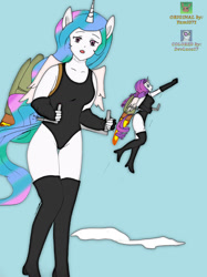 Size: 773x1033 | Tagged: safe, artist:devluca17, artist:yami071, derpibooru import, princess celestia, rarity, alicorn, anthro, alicornified, boots, clothes, happy, jetpack, leotard, looking at you, race swap, raricorn, shoes, sky, sky background, thigh boots