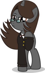 Size: 4565x7424 | Tagged: safe, artist:mlpmvguy, derpibooru import, oc, oc:sonata, pony, unicorn, clothes, elements of justice, female, glasses, looking at you, mare, simple background, solo, suit, transparent background, turnabout storm, vector