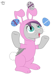 Size: 2500x3515 | Tagged: safe, artist:mihay, derpibooru import, oc, oc only, oc:ebony rain, bat pony, pony, animal costume, bat pony oc, bunny costume, clothes, commission, costume, easter, easter bunny, easter egg, female, fluffy tail, holiday, simple background, slit eyes, smiling, solo, tail, transparent background, ych result, your character here