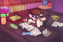 Size: 1800x1200 | Tagged: safe, artist:redahfuhrerking, derpibooru import, arizona cow, cow, them's fightin' herds, apple, book, bookshelf, chair, community related, desk, envelope, flower, food, glasses, letter, paper, pencil, solo, studying, table, vase