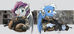 Size: 3674x1735 | Tagged: safe, artist:buckweiser, derpibooru import, oc, oc only, oc:ebony rain, oc:frost wing, assault rifle, clothes, commission, couple, female, gun, m4, male, military, military uniform, p90, rifle, submachinegun, uniform, weapon, ych result, your character here