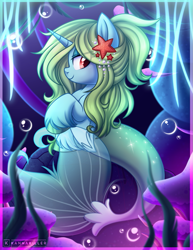 Size: 1257x1627 | Tagged: safe, artist:kannakiller, derpibooru import, oc, oc only, hybrid, mermaid, merpony, pony, seapony (g4), unicorn, blushing, bubble, commission, corals, cute, digital art, female, fish tail, flowing tail, full body, glowing, hooves, horn, looking at you, mare, mermaid tail, neon, ocean, pearl, seaponified, seaquestria, seaweed, shine, smiling, solo, species swap, starfish, swimming, tail, underwater, unshorn fetlocks, water, ych result