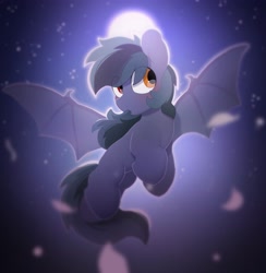 Size: 3512x3592 | Tagged: safe, artist:mochi_nation, derpibooru import, oc, oc only, oc:scrimmy, bat pony, pony, bat pony oc, commission, eye clipping through hair, full moon, heterochromia, high res, male, moon, night, solo, spread wings, stallion, wings