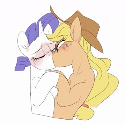 Size: 2123x2123 | Tagged: safe, artist:baigak, derpibooru import, applejack, rarity, earth pony, pony, unicorn, blushing, eyes closed, female, high res, holding hooves, kissing, lesbian, mare, rarijack, shipping, simple background, white background