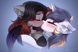 Size: 1280x848 | Tagged: safe, artist:airiniblock, derpibooru import, oc, oc only, oc:night light, oc:ruby, pegasus, unicorn, horn, kissing, pegasus oc, rcf community, unicorn oc, wings