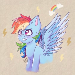 Size: 1207x1207 | Tagged: safe, artist:galaxy swirl, derpibooru import, rainbow dash, pegasus, pony, colored wings, eye clipping through hair, eyebrows, eyebrows visible through hair, grin, smiling, solo, spread wings, two toned wings, wings