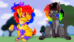 Size: 1115x643 | Tagged: safe, artist:thatonefluffs, derpibooru import, oc, oc:babybelle, oc:cringecore, alicorn, classical unicorn, earth pony, hybrid, original species, pony, unicorn, background, bear pony, chest fluff, chew toy, clothes, cloven hooves, clowncore, collar, colorful, duo, ear fluff, ears, emo, eyeshadow, fangs, horn, kidcore, leonine tail, makeup, paws, pony town, scene, scenecore, sharp horn, socks, spiked collar, stim toy, unshorn fetlocks