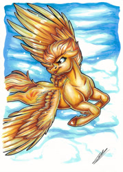 Size: 2457x3424 | Tagged: safe, artist:lupiarts, derpibooru import, spitfire, pegasus, pony, cloud, drawing, female, flying, markers, simple background, sky, solo, solo female, spread wings, traditional art, wings