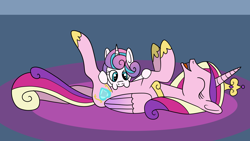 Size: 1920x1080 | Tagged: safe, artist:platinumdrop, derpibooru import, princess cadance, princess flurry heart, laughing, raspberry, request, tickling, ticklish tummy, tummy buzz