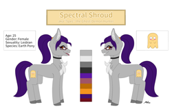 Size: 3000x1948 | Tagged: safe, artist:melodytheartpony, derpibooru import, oc, oc:spectral shroud, earth pony, ghost, undead, chest fluff, choker, female, feral, ghost hunter, glasses, lesbian, ponytail, reference sheet, signature, simple background, white background