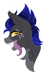 Size: 1524x2500 | Tagged: safe, artist:melodytheartpony, derpibooru import, oc, oc:parasite, oc:the unknown parasite, pegasus, bust, carnivore, coat markings, feral, futa, herm, intersex, long tongue, looking at you, odd pupils, parasite, pointy teeth, signature, simple background, stars, tongue, tongue out, white background