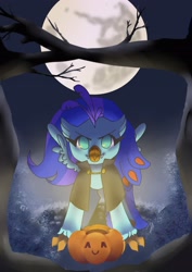 Size: 1448x2048 | Tagged: safe, artist:snowflake_pone, derpibooru import, oc, oc only, oc:sea lilly, classical hippogriff, hippogriff, undead, vampire, >:3, clothes, commission, costume, fangs, fog, halloween, halloween costume, holiday, moon, pumpkin bucket, tree, ych result
