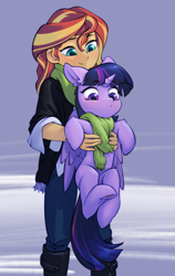 Size: 1726x2732 | Tagged: safe, artist:blue ink, derpibooru import, sunset shimmer, twilight sparkle, twilight sparkle (alicorn), alicorn, human, pony, equestria girls, clothes, duo, female, holding a pony, human female, mare, scarf