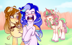 Size: 1800x1128 | Tagged: safe, artist:maeveadair, derpibooru import, oc, oc only, oc:rori, alicorn, pegasus, pony, unicorn, blushing, colored wings, ethereal mane, female, flirting, flustered, jewelry, mare, multicolored hair, multicolored mane, multicolored wings, necklace, sleepy, starry mane, tongue, tongue out, unshorn fetlocks, wings