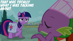 Size: 1280x720 | Tagged: safe, derpibooru import, edit, edited screencap, editor:quoterific, screencap, spike, twilight sparkle, unicorn twilight, unicorn, just for sidekicks, bag, friendship express, locomotive, saddle bag, steam locomotive, train