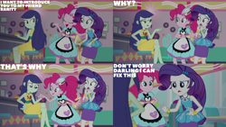 Size: 4400x2475 | Tagged: safe, derpibooru import, edit, edited screencap, editor:quoterific, screencap, blueberry cake, pinkie pie, rarity, better together, equestria girls, pinkie pie: snack psychic, rarity peplum dress